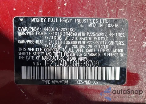 2016 Subaru Forester 2.5I z USA, uszkodzony, nr VIN JF2SJABC5GH538709